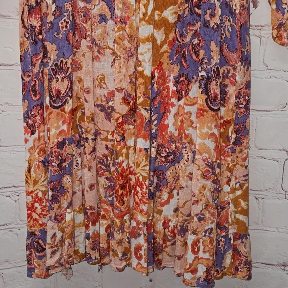 Myra Bag V-Neck A-Line Orange Purple Floral Elastic Waist Dress Womens Size L - Picture 6 of 16
